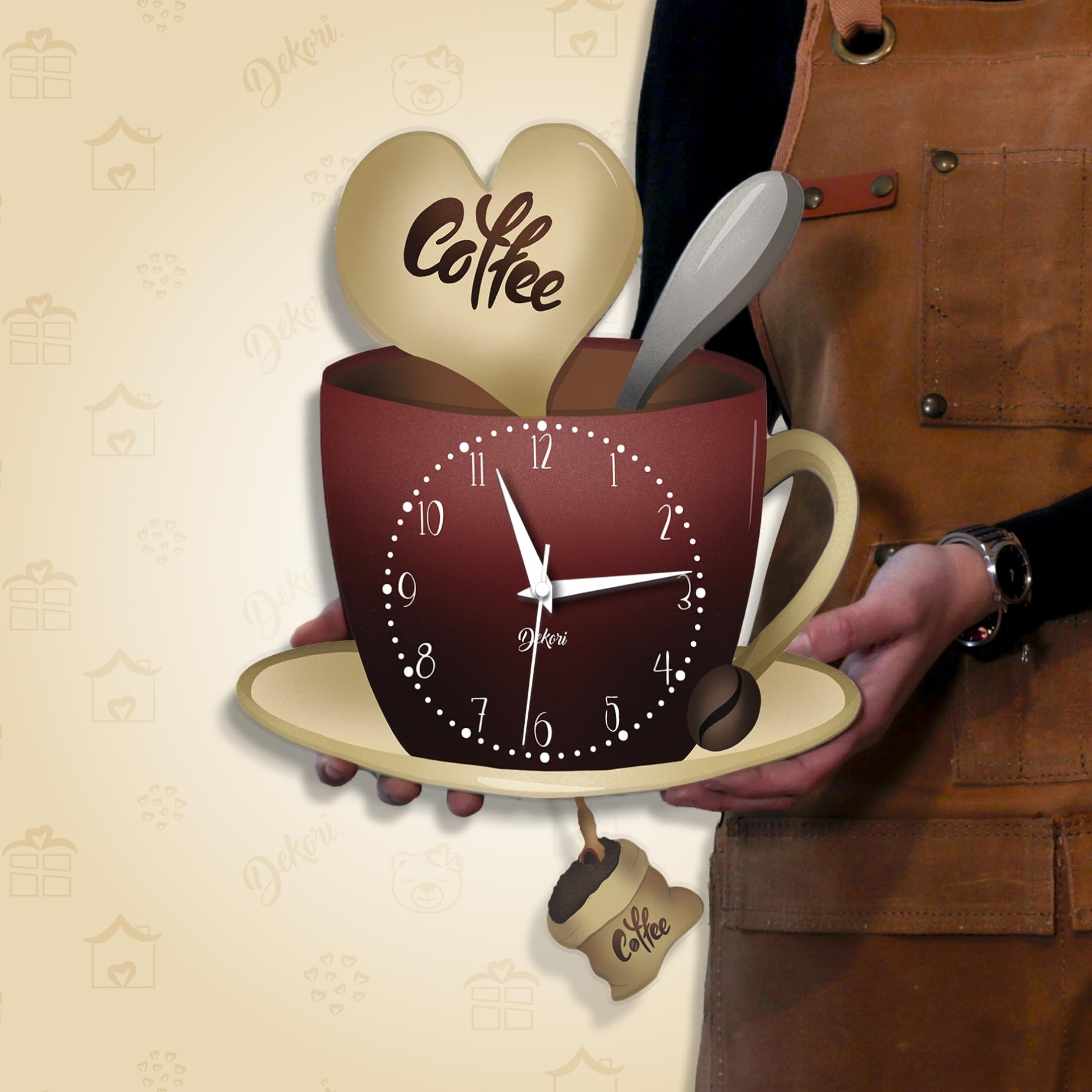DEKORI Horloge Cuisine Tasse à Café avec Pendule – Horloge Murale Silencieuse Design Italien en Bois – Décoration Cuisine Moderne