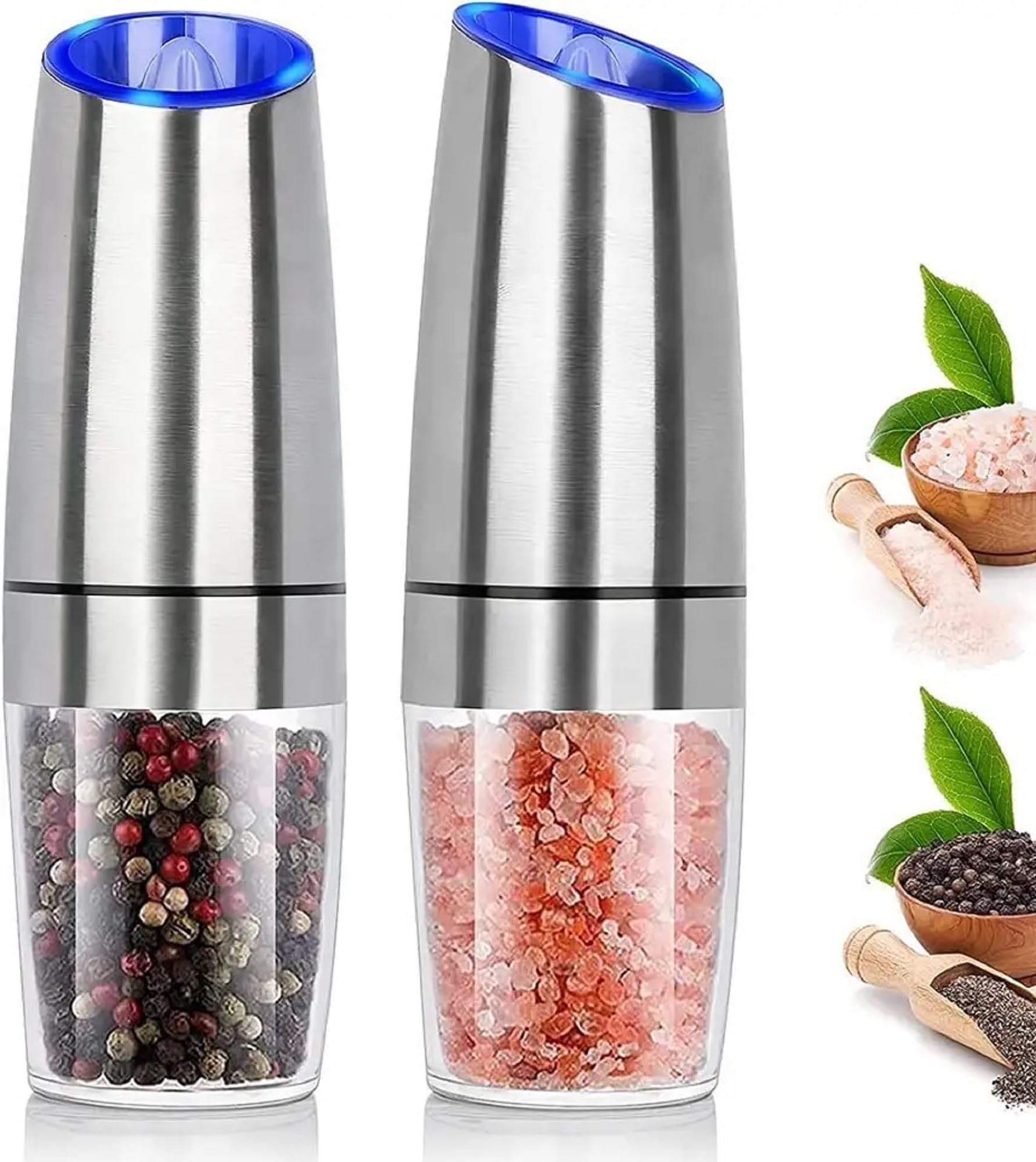 Gravity Salt and Pepper Grinder Set – Modern and Practical Electric Salt and Pepper Grinder Set – Automatic Salt and Pepper Grinders with LED Lights – Adjustable Coarseness – Silver