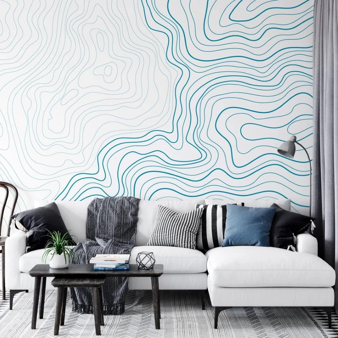 Topographic Map Abstract Blue Lines Height Isolated on White Background Peel and Stick Wallpaper Wall Removable 100''H x 150''W
