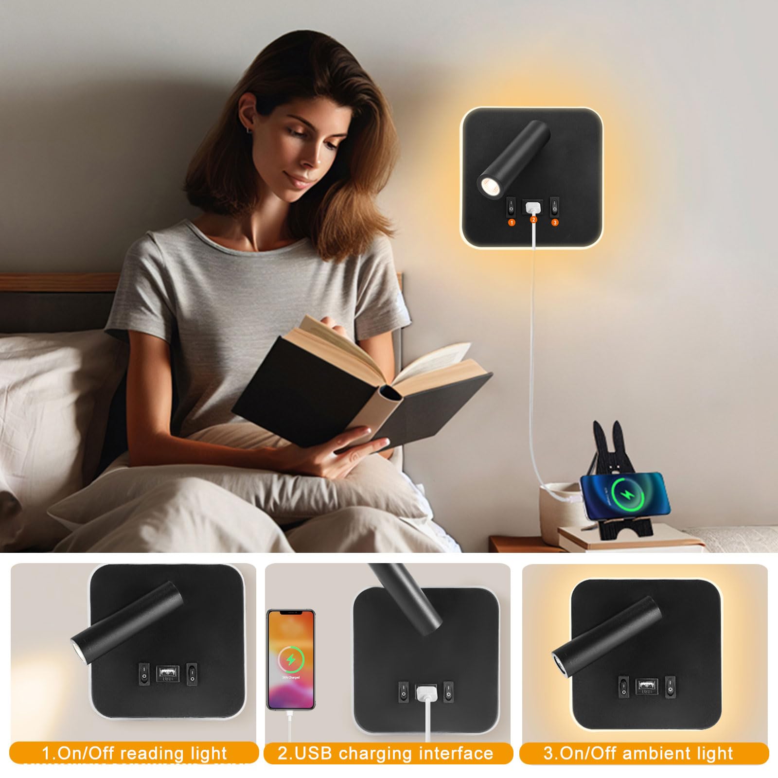 2Pcs Lampada da Parete LED, Applique da Parete Interno, Lampada da Lettura da Comodino con Porta di Ricarica USB e Interruttore, Regolabile a 360° Luce da Lettura per Camera da Letto Soggiorno