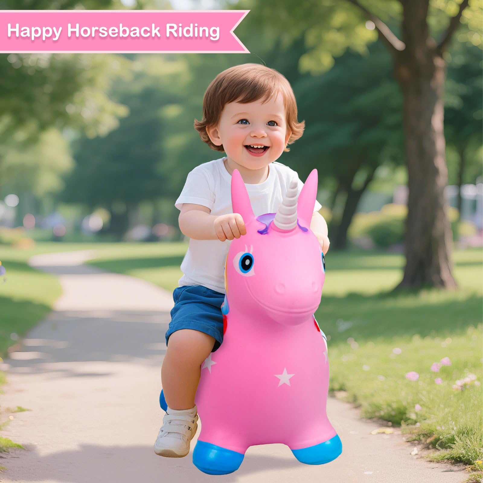 Juguetes de salto con unicornio con bomba de aire – Colorido caballo saltarín para niños de 0–3 años – Juguetes de salto inflables de PVC grueso, no tóxico – Diseño antivuelco, antideslizante y