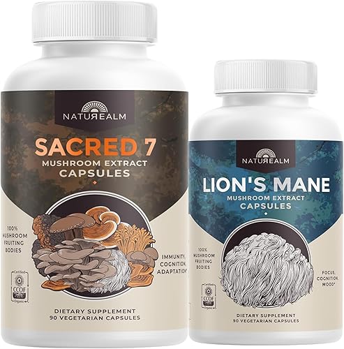 Naturealm Sacred 7 cápsulas de extracto de hongos orgánicos y suplemento de hongo de melena de león, apoyo orgánico para la concentración, la