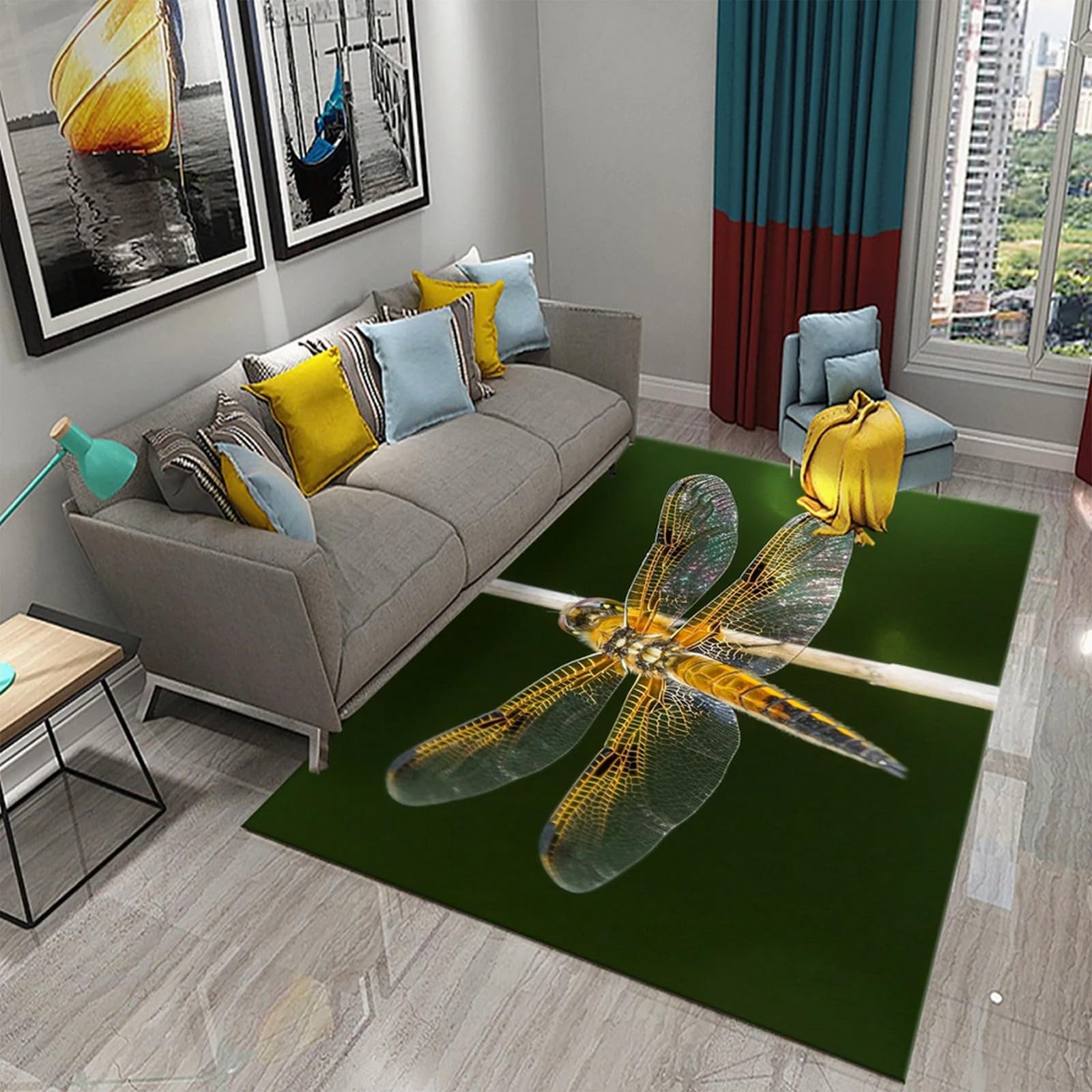 Tapis de salon libellule 3D antidérapant en poils courts doux pour chambre et canapé