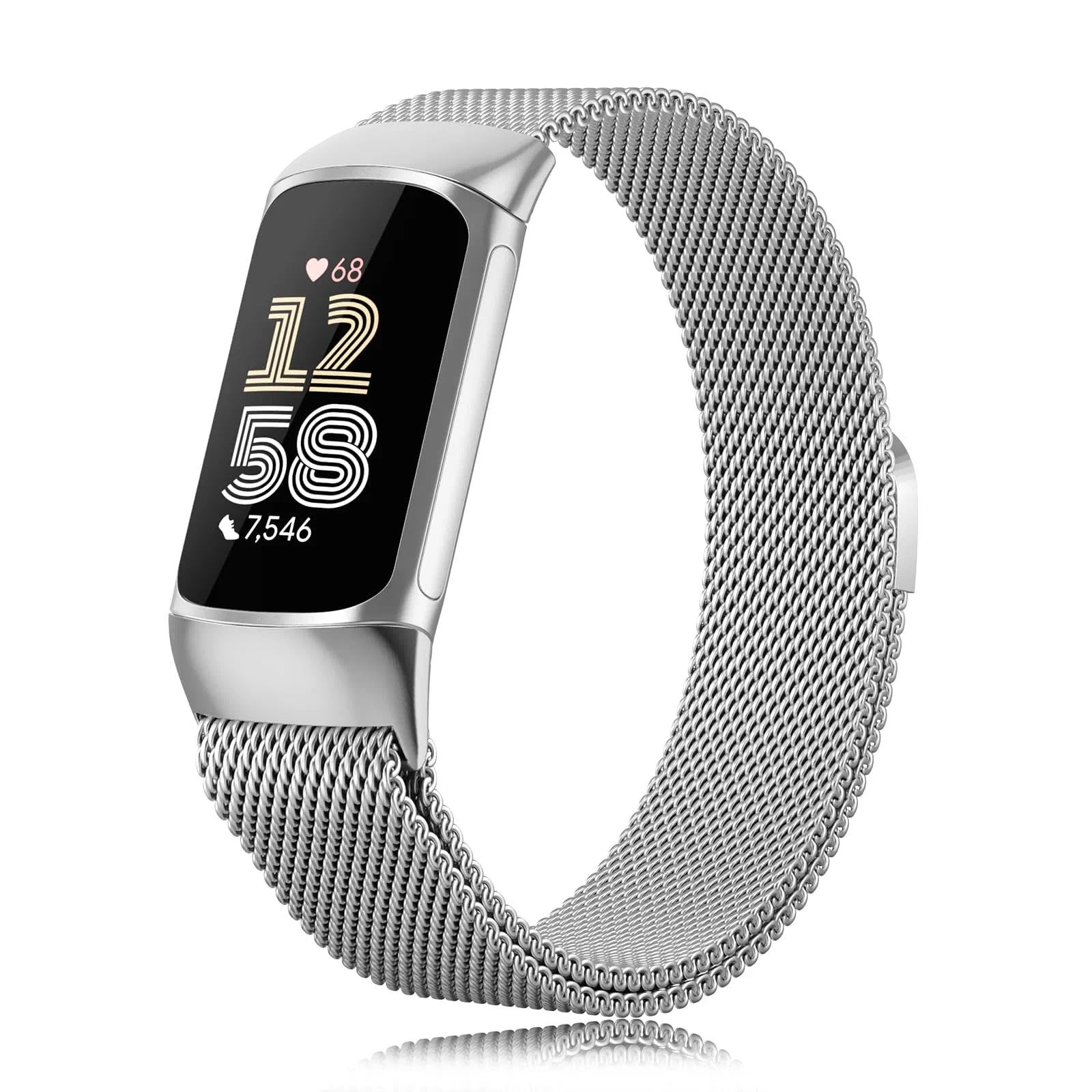 TUV PLNT Compatible with Fitbit Charge 6 Strap Women & Men, Magnetic Clasp Adjustable Metal Bands for Fitbit Charge 5 Strap (Silver)