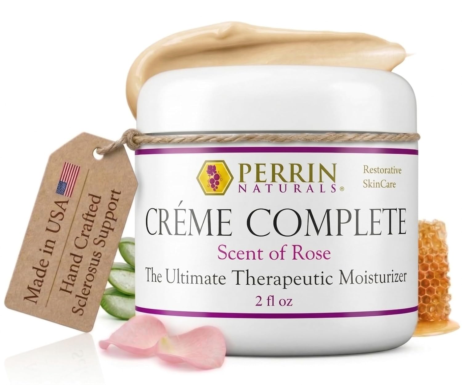 Perrin Naturals Crème Complete, Lichen Sclerosus treatment Cream for Dry Sensitive Skin, Restorative Anti Aging Face & Body Moisturizer with Barrier Support for Women, Scent of Rose, 2 oz