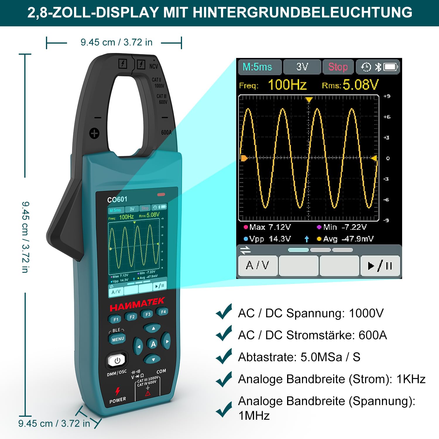 HANMATEK CO601 Zangenoszilloskop,5.0MSa/s,600A AC/DC Strommessung,1000V Spannungserkennung,Auto/Manuell Bereich, Datenaufzeichnung,NCV,Akku, APP