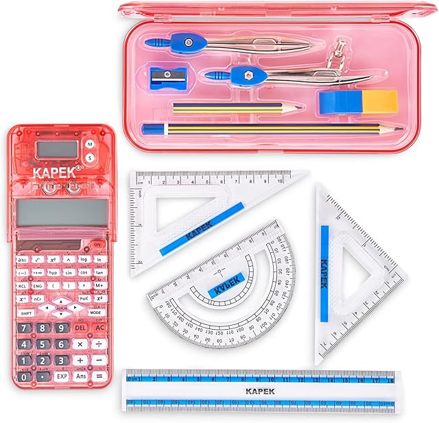 KAPEK Scientific Calculator + Math Set for Schools | 2-Line Display | 10-Piece Geometry Set | Ruler, Compass, Protractor | 240+ Integrated Functions | GCSE Math Bundle | Pink