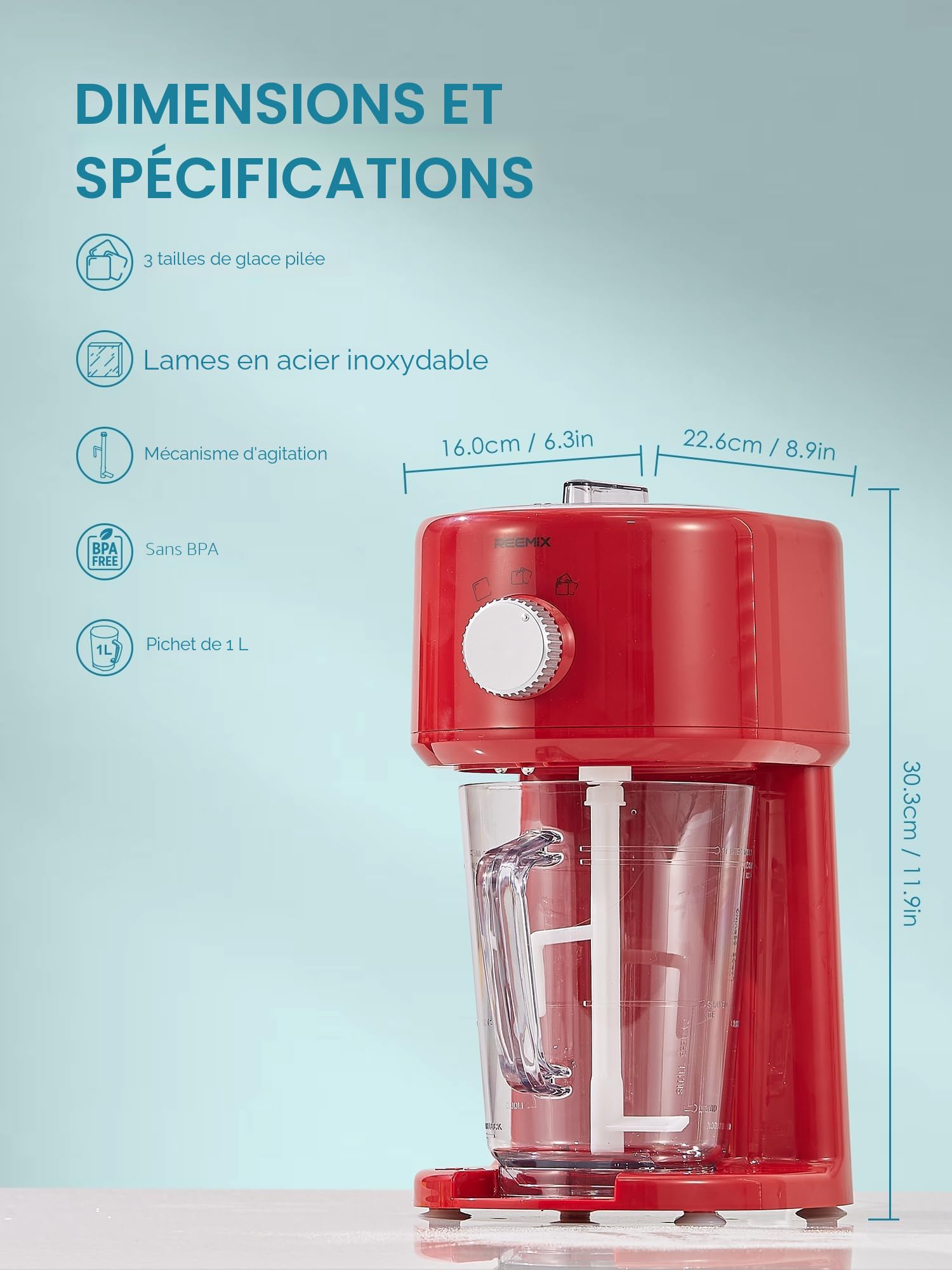 Broyeur à glace électrique, Broyeur à Glace, 3 Modes de Fonctionnement pour Glace Grossière et Fine, Lames en Acier Inoxydable, Verrou de Sécurité, Rouge