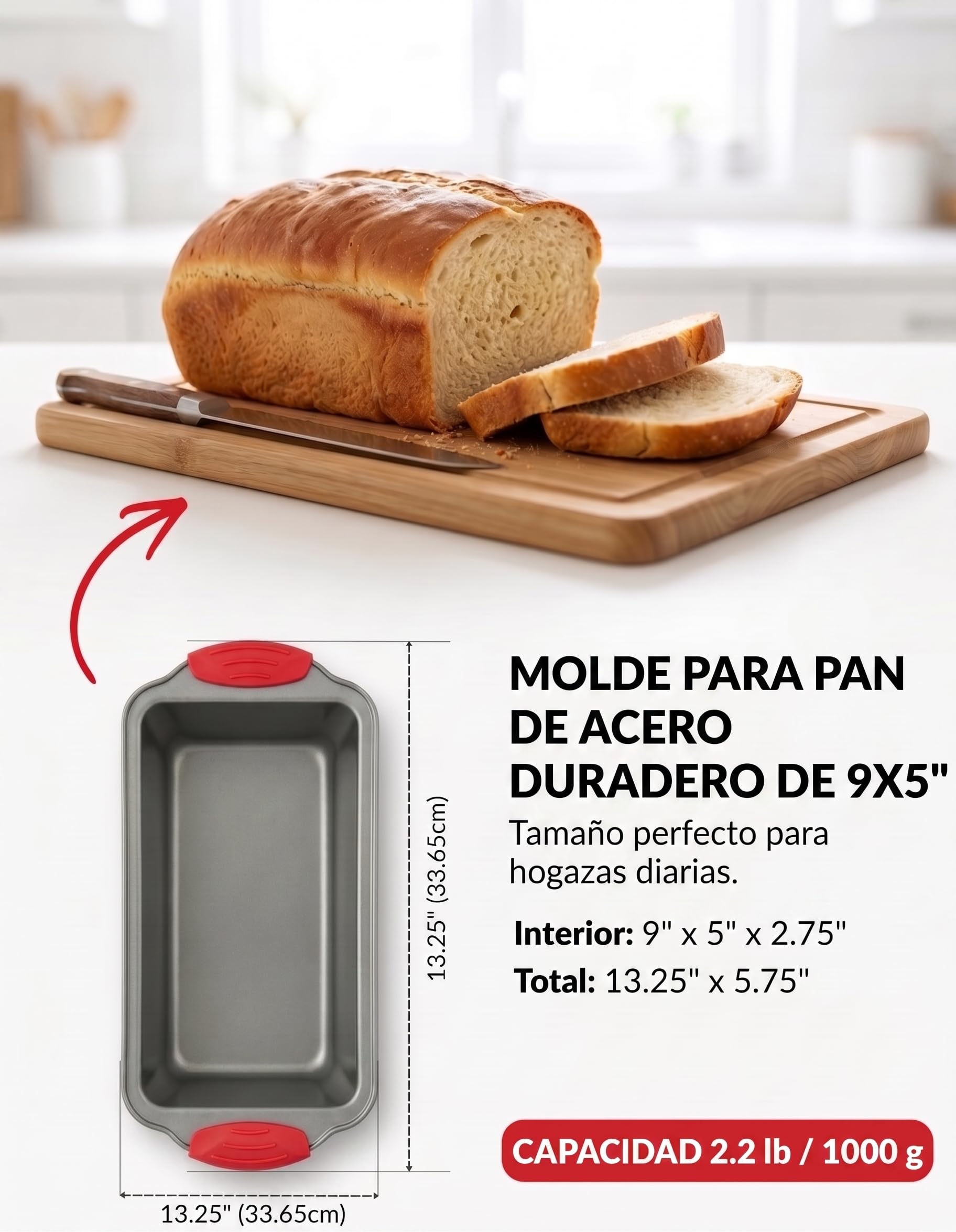 Molde para horno- Acero antiadherente, Boxiki Kitchen Molde para horno antiadherente profesional para hacer pan de plátano, pastel de carne, bizcocho , gris con rojo, 21.5 x 11.5 cm