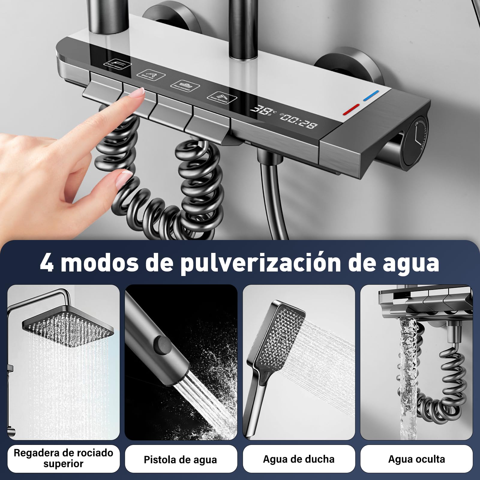 Juego de Cabezal de Ducha y Manguera, Sistema de Ducha con LED, Cabezal de Ducha de Lluvia 27X17.5cm, Boquilla Adicional y Grifo, Columna de Ducha Ajustable con Luz de Ambiente, Altura