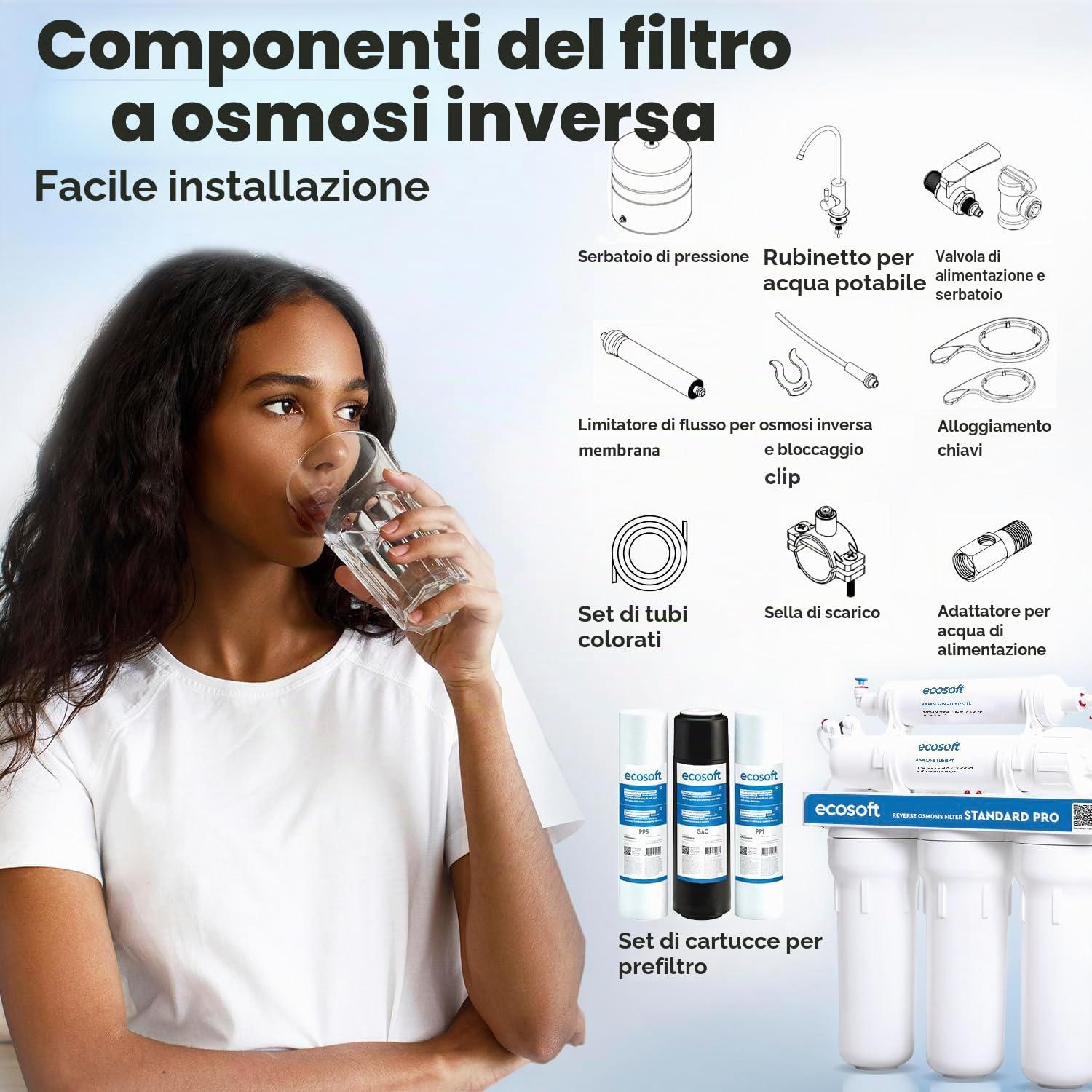 Ecosoft Standard PRO - Filtro ad osmosi inversa, senza pompa, soluzione compatta per la depurazione dell'acqua