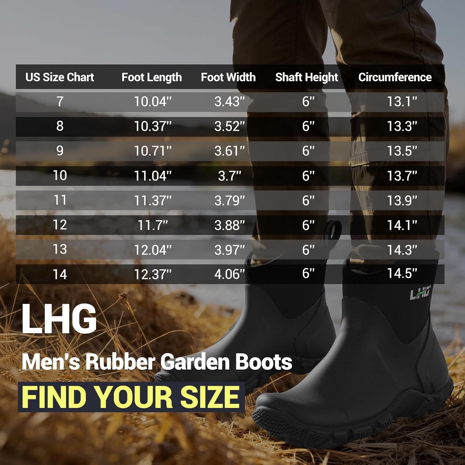 LHG Men's 6'' Ankle Garden Boots Rubber Rain Boots Waterproof Insulated Neoprene Mud Boot for Outdoor Farming Lawn Chore Yard Hunting
