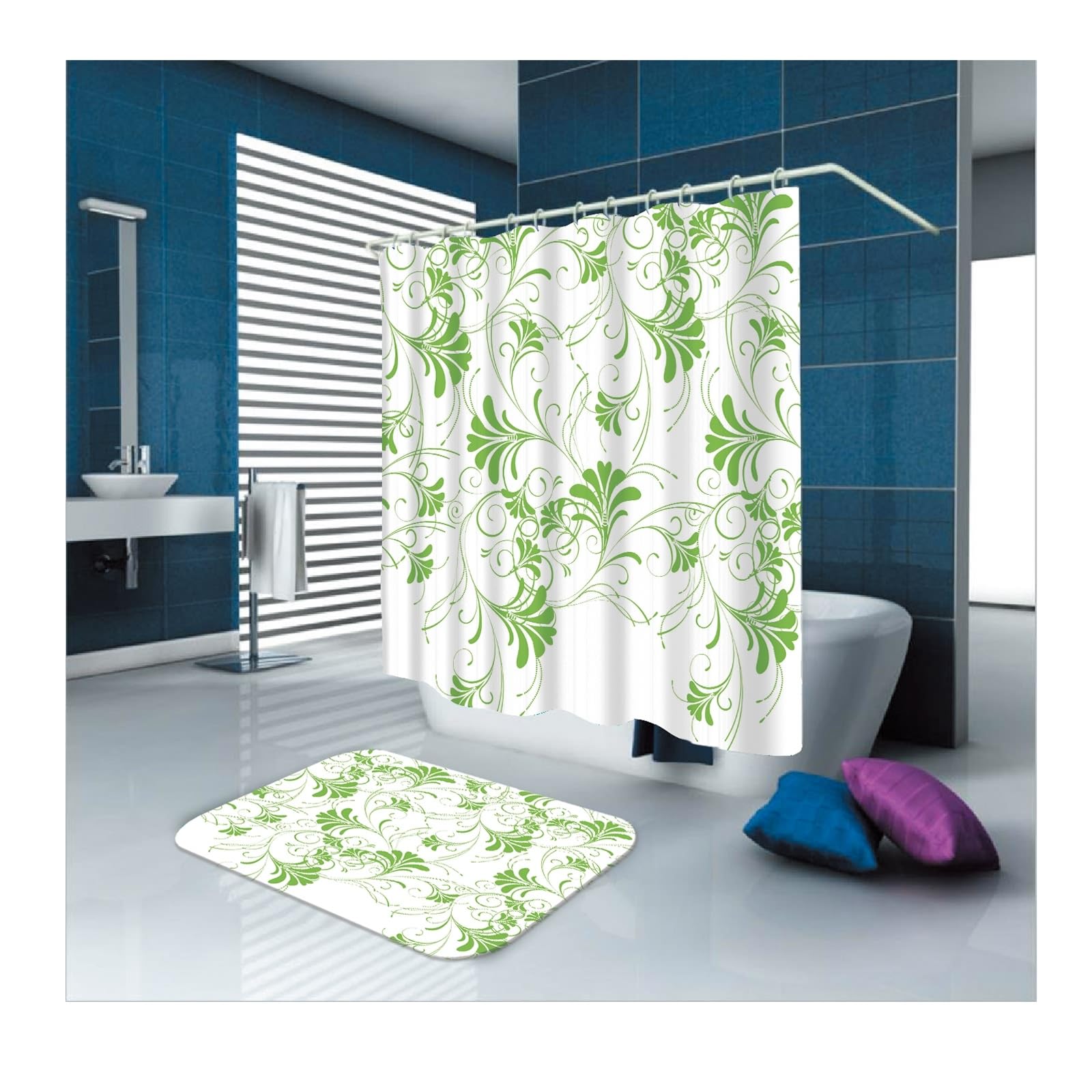 Cortina de ducha de 180 x 180 cm, textil verde, blanco, verde, patrón de plantas, cortina de baño, tela de poliéster, resistente al moho, lavable, 1,8 x 1,8 m de largo (ancho x alto), incluye