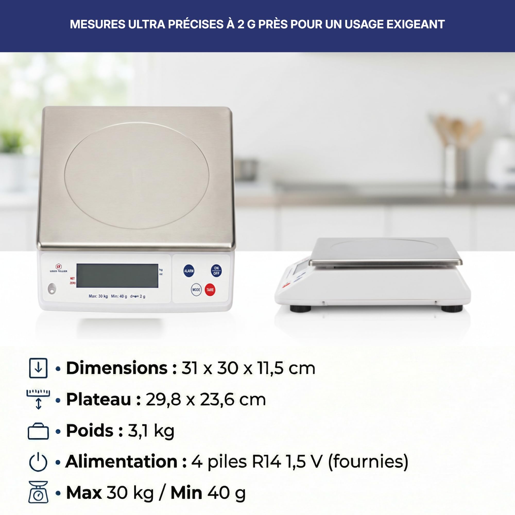 Louis Tellier - Balance électronique cuisine 30kg/2g IP53 + adaptateur