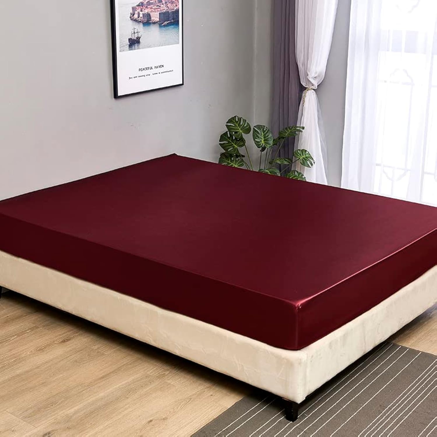 Juwenin Burgundy Luxury Silk Satin Deep 12" Skin Beauty Hair Health Face Care Hypoallergenic Fitted Sheet (Single, )