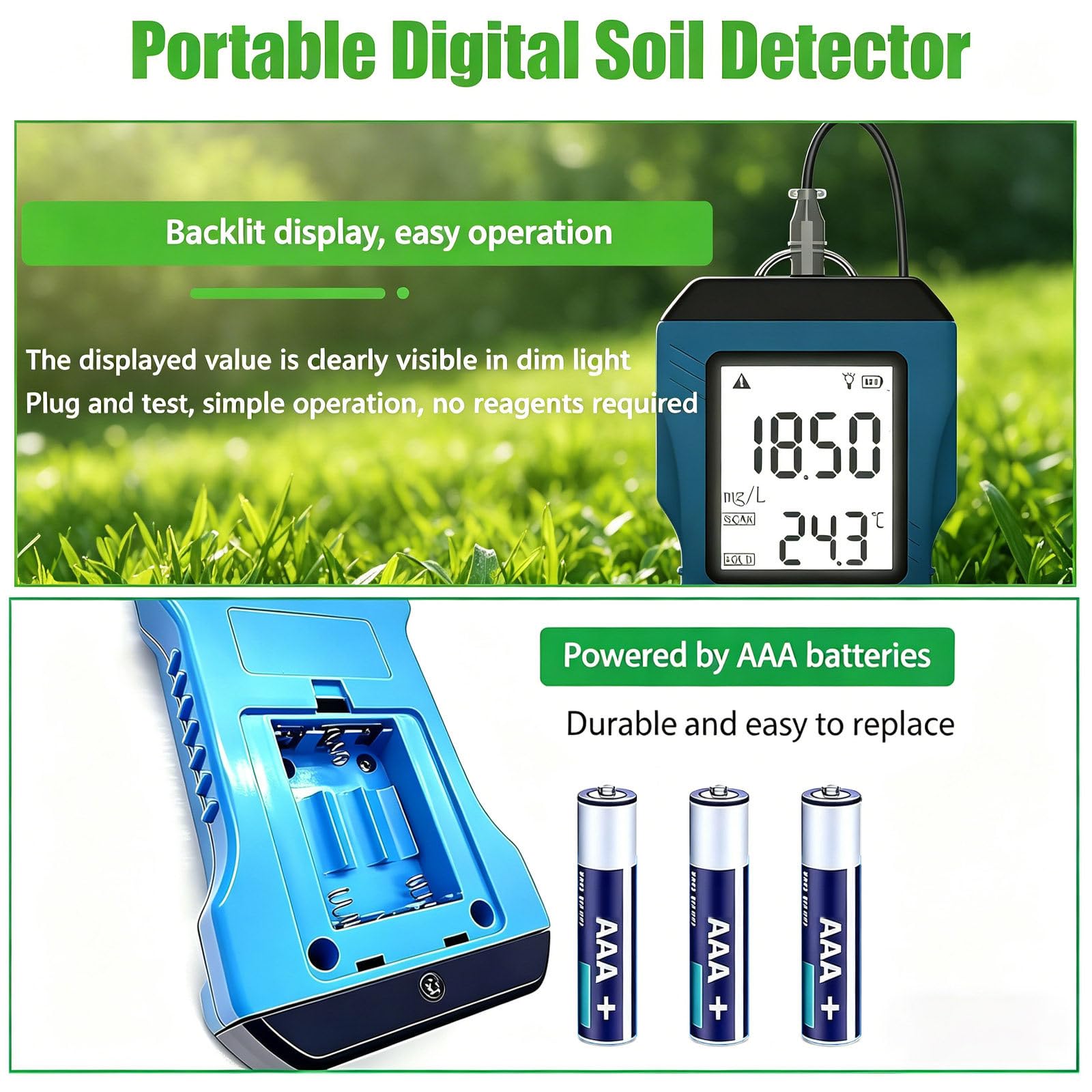 Medidor Digital de Humedad del Suelo 7 en 1: Medidor de Ph, Humedad del Suelo y Temperatura, con Pantalla LCD Retroiluminada. Medidor de Suelo para Jardín, Césped, Cuidado de Plantas