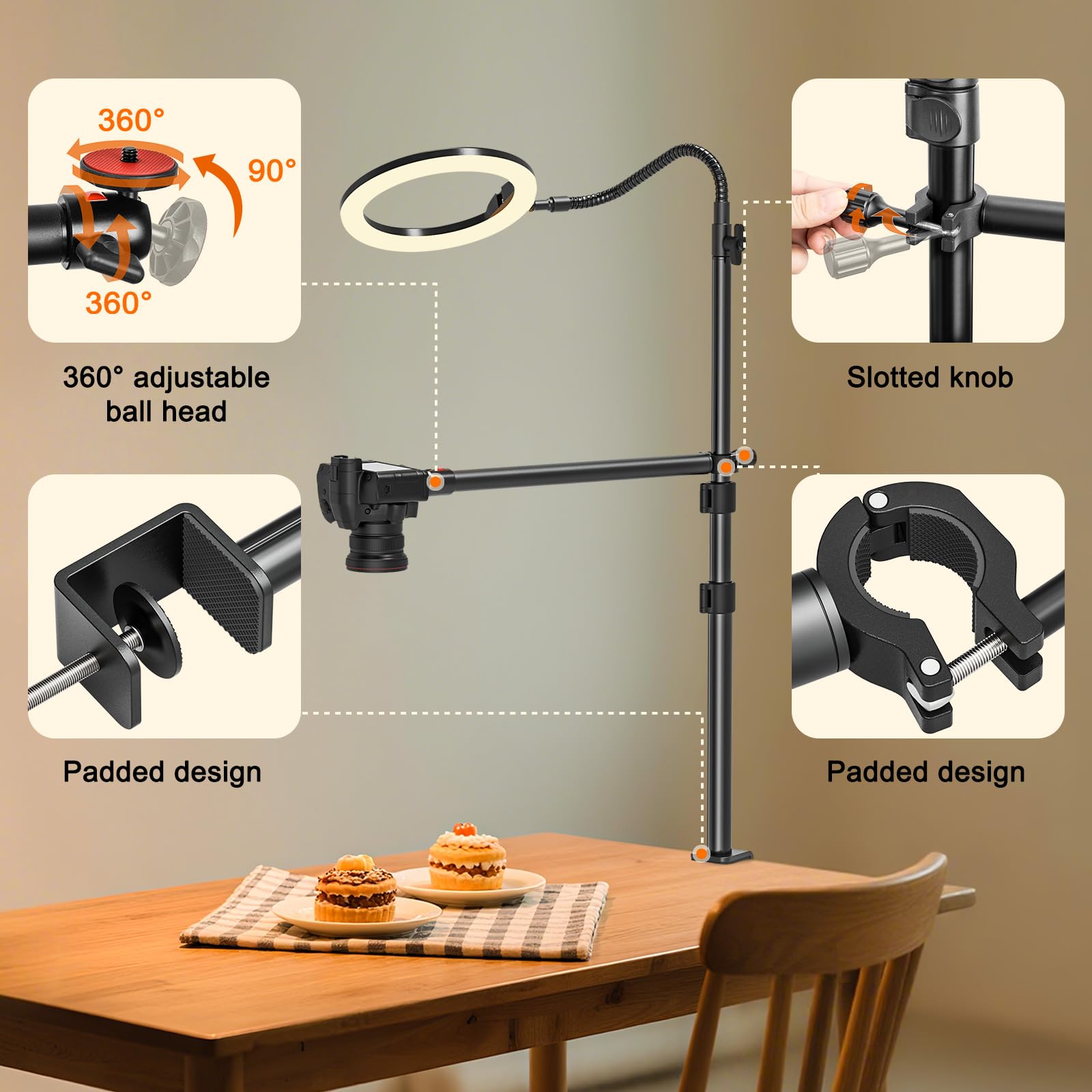 Supporto da tavolo per fotocamera con collo di cigno flessibile, 34-108 cm, con braccio flessibile e testa a sfera da 1/4" per DSLR, luce ad anello, Live Streaming, riprese video