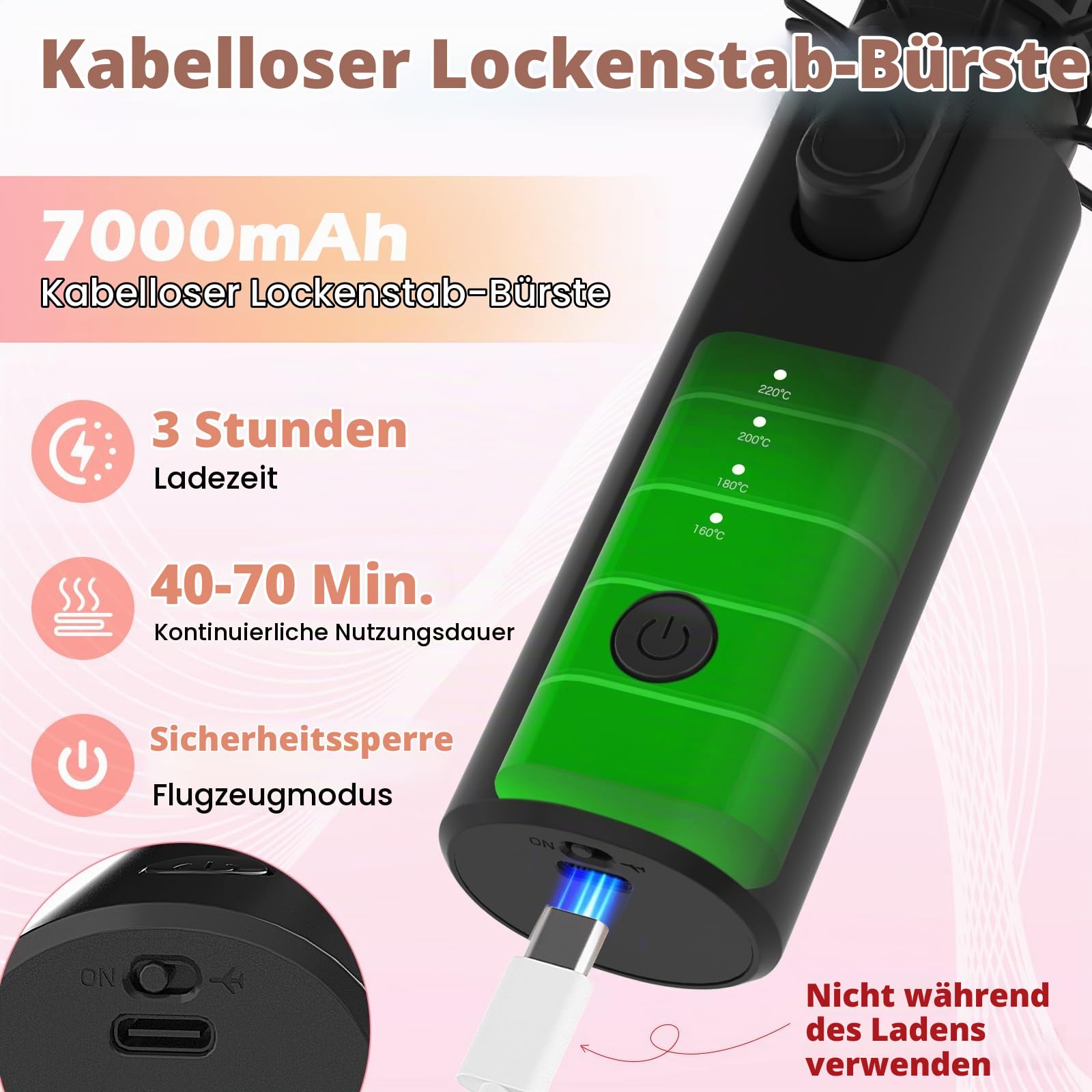 Schnurloser Lockenstab 32mm mit 4 Temperaturen, tragbarer Reise-Lockenstab | 7000mAh USB-aufladbar für Lockenstab Große Locken, mit 10-Minuten-Abschaltautomatik (Schwarz)