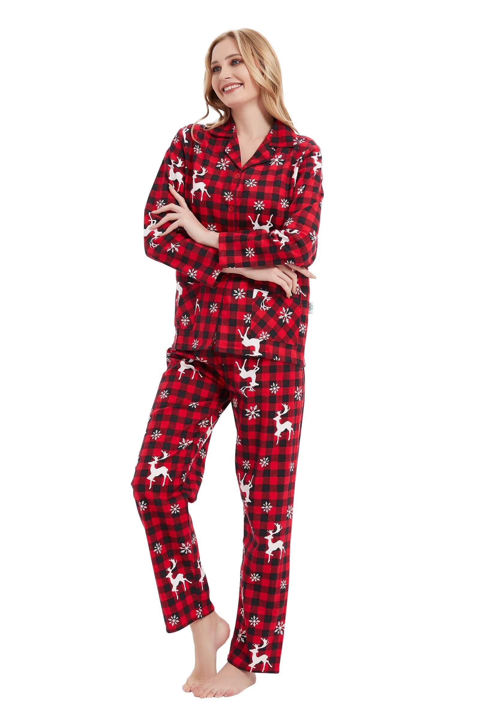 GLOBAL Schlafanzüge Damen Flanell | Baumwolle Damen Pajama Set | Zweiteiliger Nachtwäsche Damen Pjs Set Lang | Knopfleiste vorne und Kordelzug