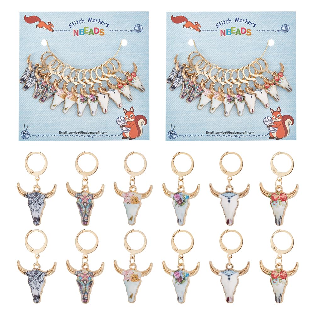 NBEADS 24 Pcs 6 Colors Ox-Head Stitch Markers, Alloy Enamel Crochet Stitch Marker Charms 304 Stainless Steel Clasp Locking Stitch Marker for Knitting Weaving Sewing Jewelry Making