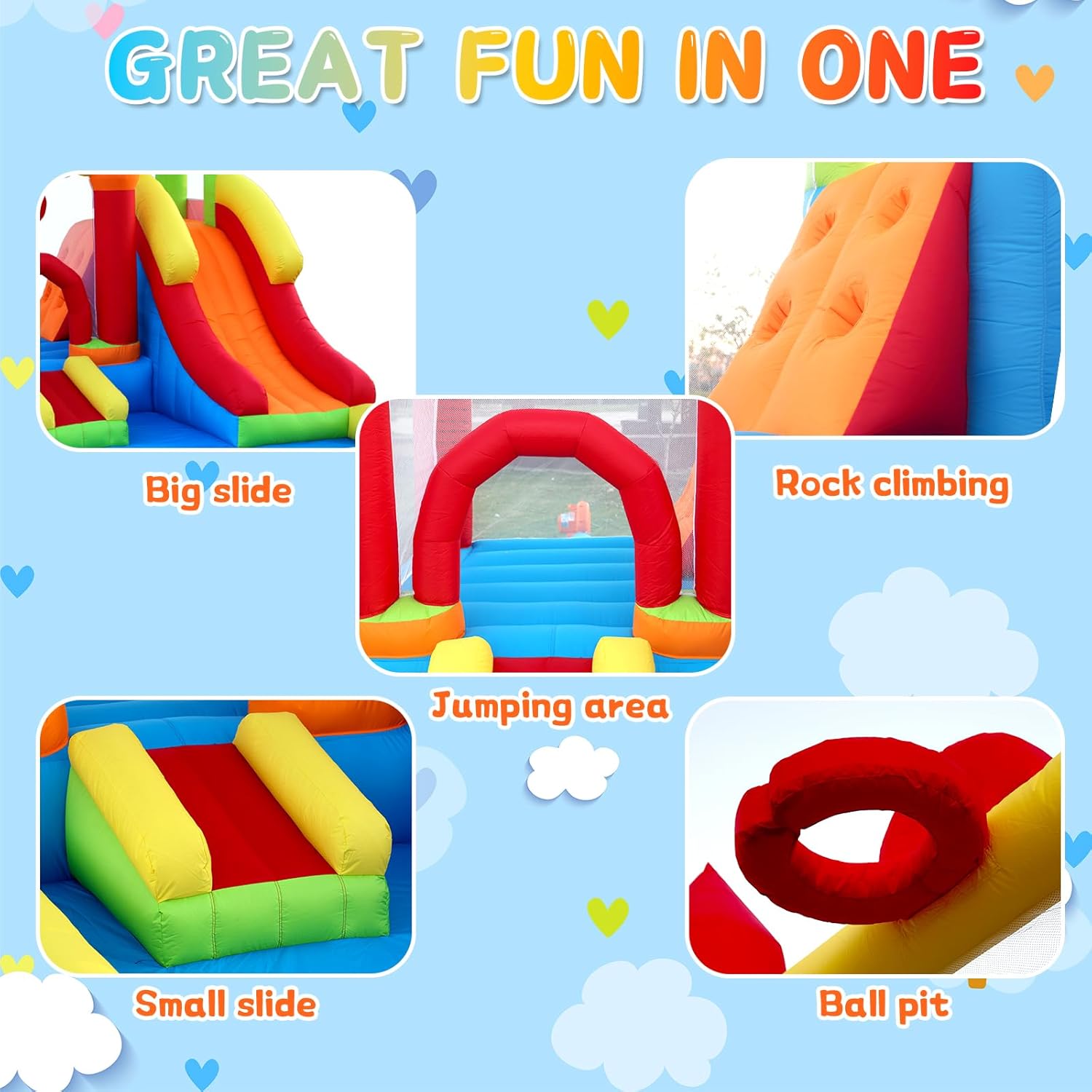 Bounce House, Inflatable Bounce Castle with Slide and Jumping Area for Kids, Bouncer w/Basketball Rim, Blower, Ball Pool, for Children's Toy Gift Indoor Outdoor