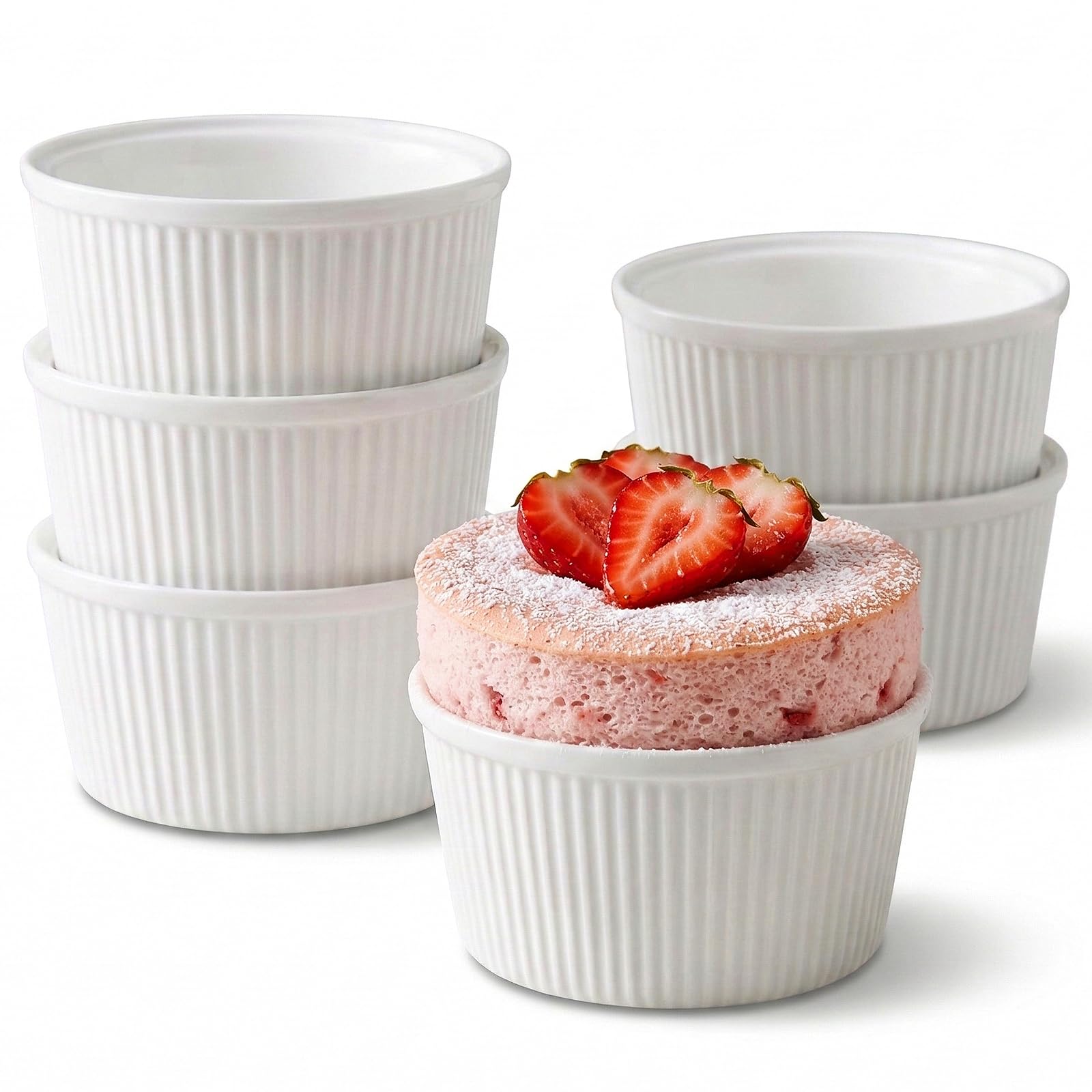 Woobroo Ramekins Set of 6, 300ml Porcelain Souffle Dish,11.5cm Creme Brulee Dish for Air Fryer & Oven, Mini Bowl for Dips, Sauces, Snacks and Fruits-White