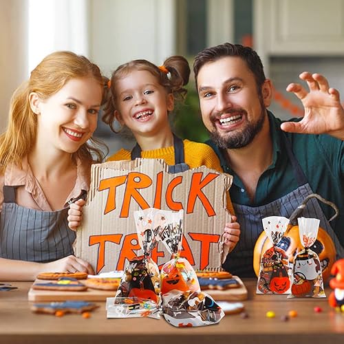 Miniatura 7 de LOKIPA 120 bolsas de celofán de Halloween, 6 estilos de bolsas de celofán de Halloween con 150 lazos giratorios para regalos de fiesta de truco o