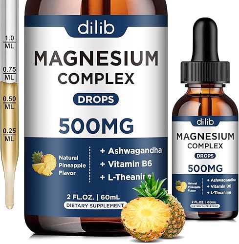 Suplemento de complejo de magnesio triple glicinato de magnesio, citrato, malato, gotas líquidas de 500 mg con Ashwagandha, L-teanina, vitamina B6