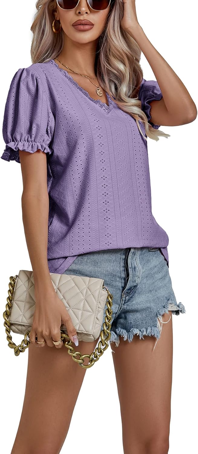 LYANER Women's Casual Puff Short Sleeve Lace Trim Eyelet V Neck Shirt Blouse Tunic Top - Image 6