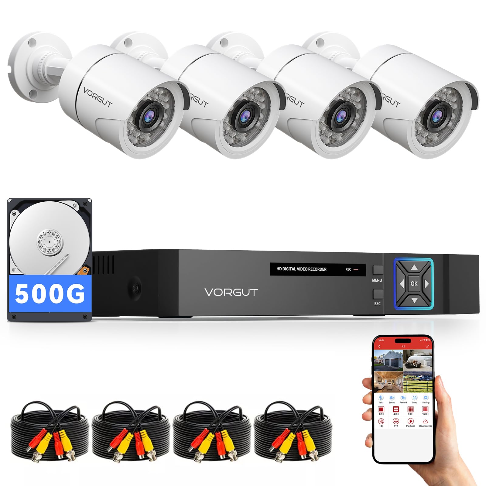VORGUT Wired Security Camera System Outdoor, 4X 1080P CCTV Camera, 500G HDD