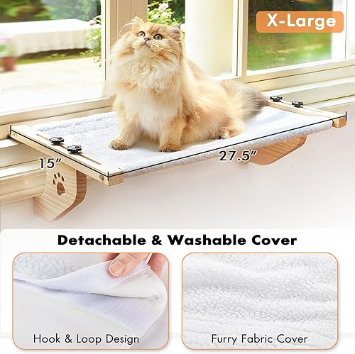 Miniatura 3 de AMOSIJOY Percha para ventana de gato resistente con marco de madera y metal para gatos grandes, cama para gatos grandes fácil de ajustar para