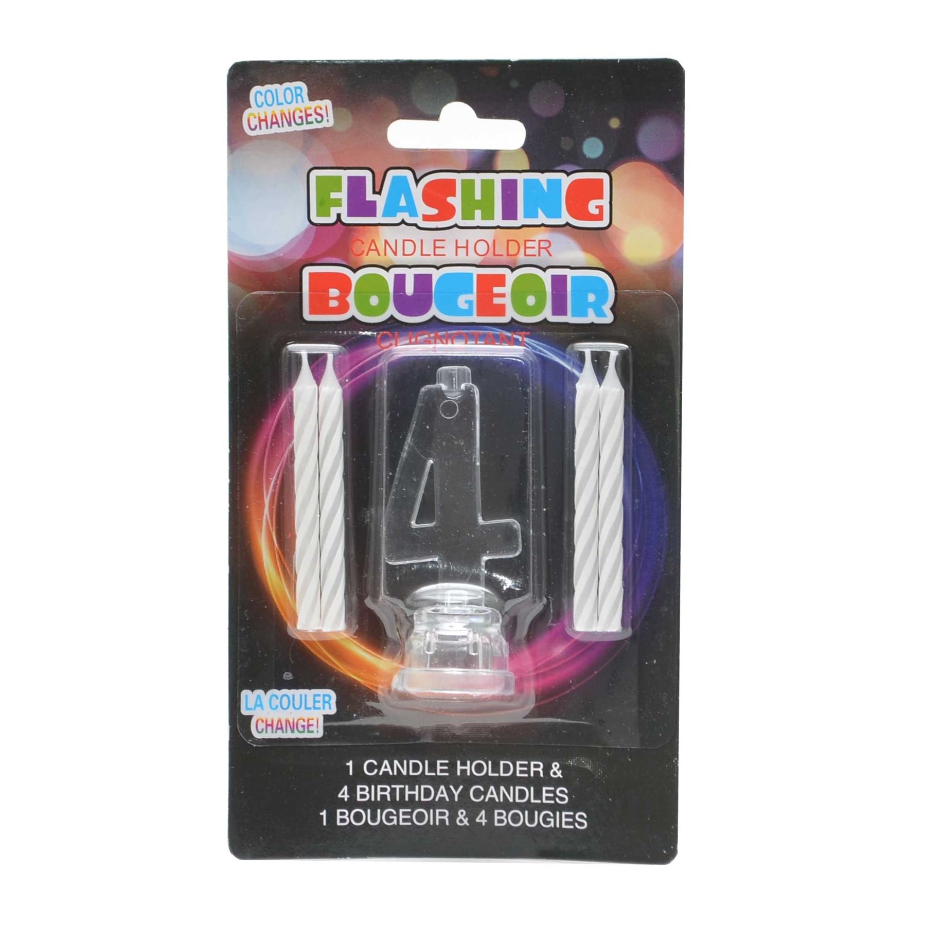 Number 4 LED Light Up Flashing Colour Changing Holder with 4 Wax Cake Candles Birthday Anniversary Table Decorations