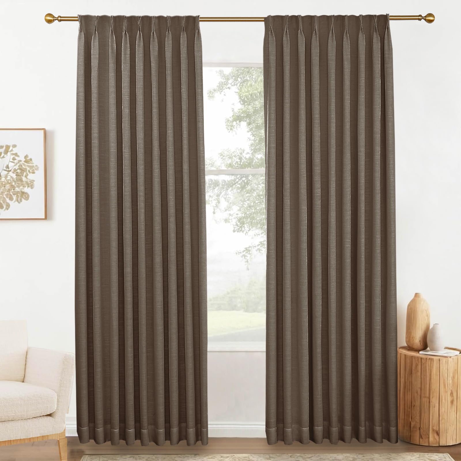 DotheDrape Faux Linen Pinch Pleat Back Tab Blackout Curtains 82 inches Long Thermal Insulated Black Out Pleated Linen Drapes for Living Room Bedroom,