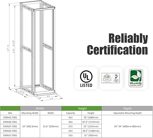 Miniatura 2 de Raising Electronics Rack para servidores 4 postes de bastidor abierto de aluminio de profundidad ajustable de 19 pulgadas (42U, 82 pulgadas de