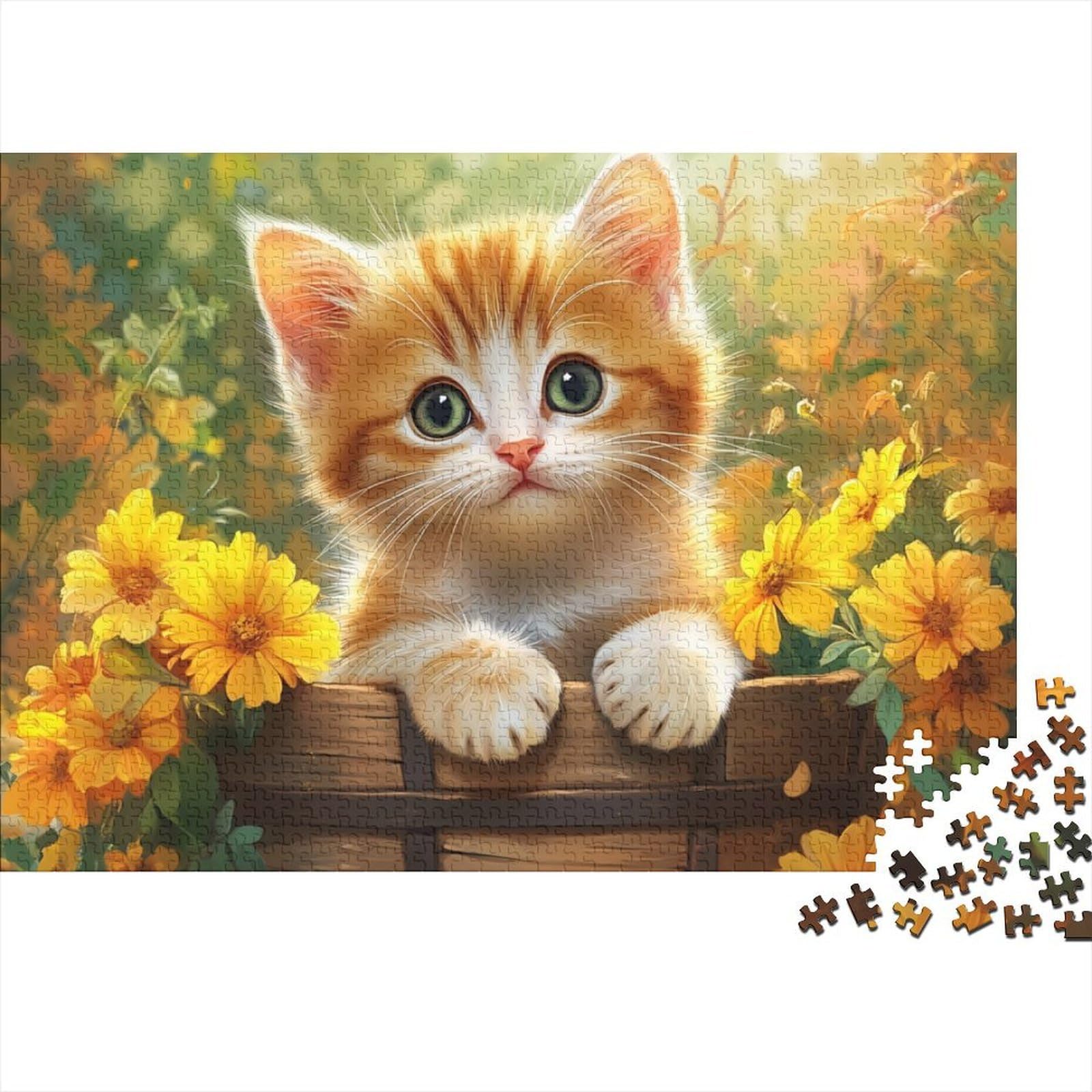 Cute Kitten 1000 Pc Cardboard DIY Cartoon Style Illustration Jigsaw, Challenging Game Kids, Vibrant Colours, Stress Relief & After-School Fun 52x38cm/1000pcs
