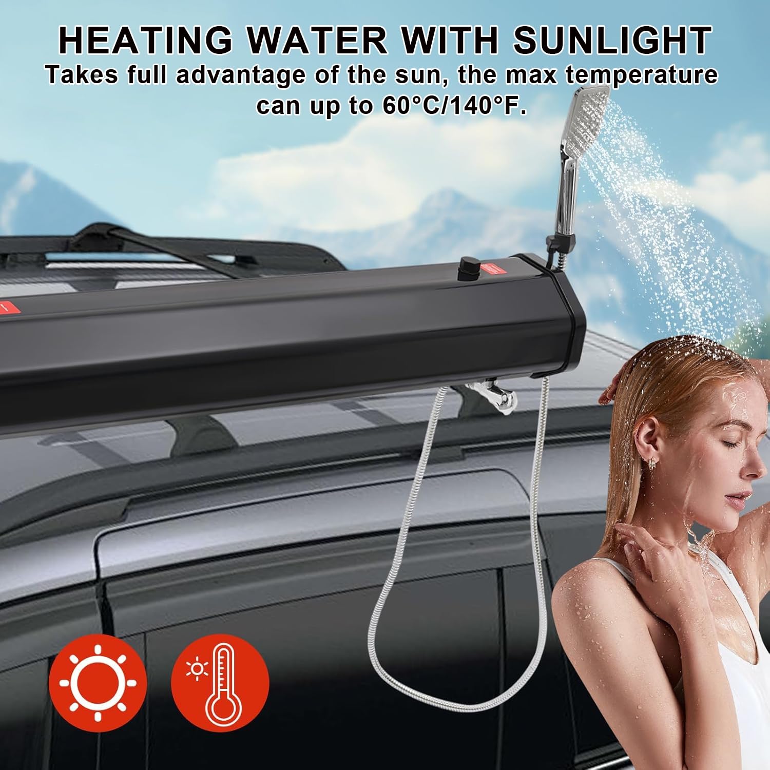 FQMYLTYN Campingdusche für die Straße, Druckwassertank, Schlauch und Duschkopf, auf dem Dachgepäckträger Montierter Wassertank, für Overlanding, Surfen, Offroad, Angeln, Jagen(113x18x14.5cm)