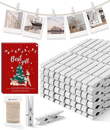 Pinzas para la ropa, color blanco, 100 pinzas pequeñas de madera para fotos con cordel de yute, pequeño clip para papel fotográfico, ideal para baby