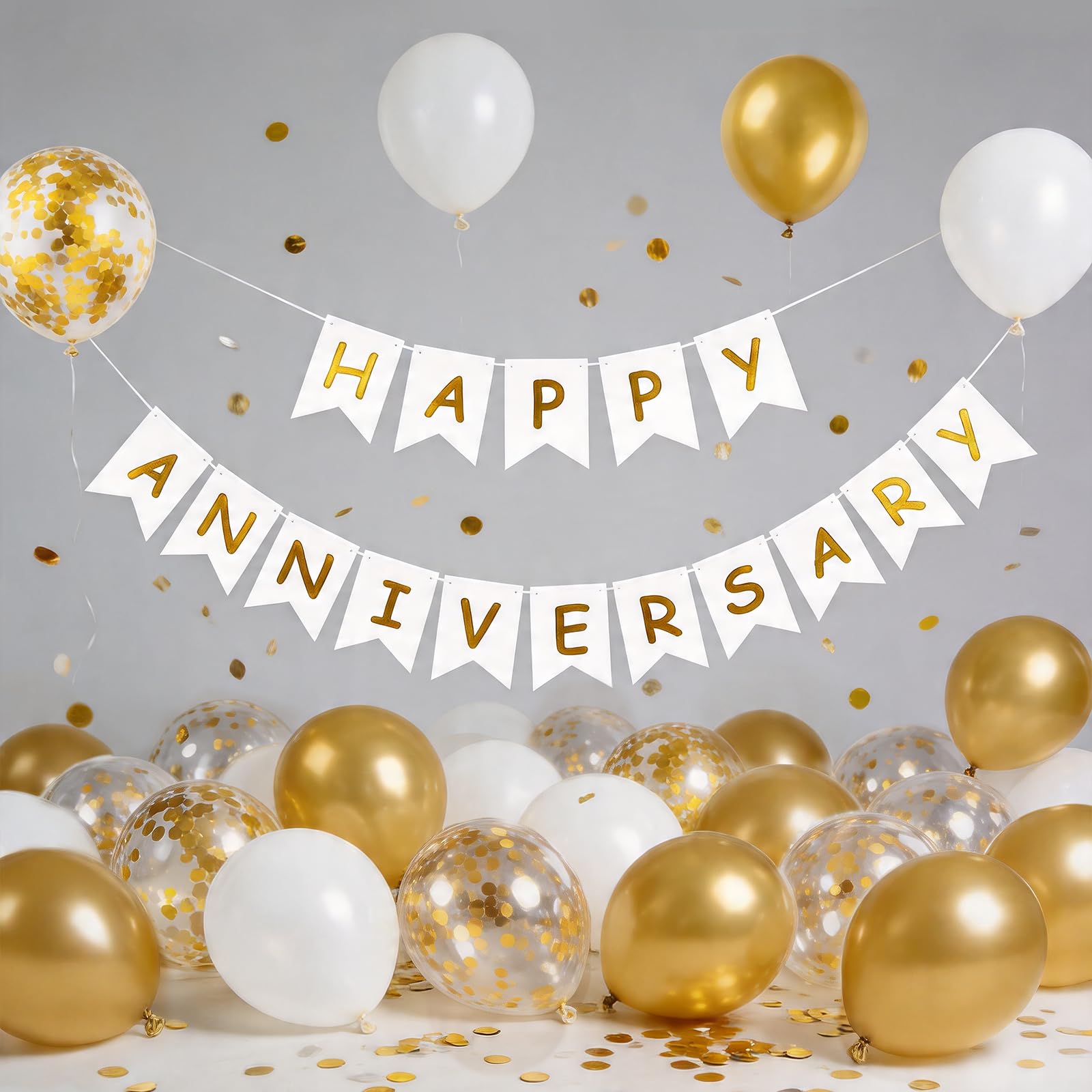 Happy Anniversary Banner & Balloons for Party Decorations (White Gold)