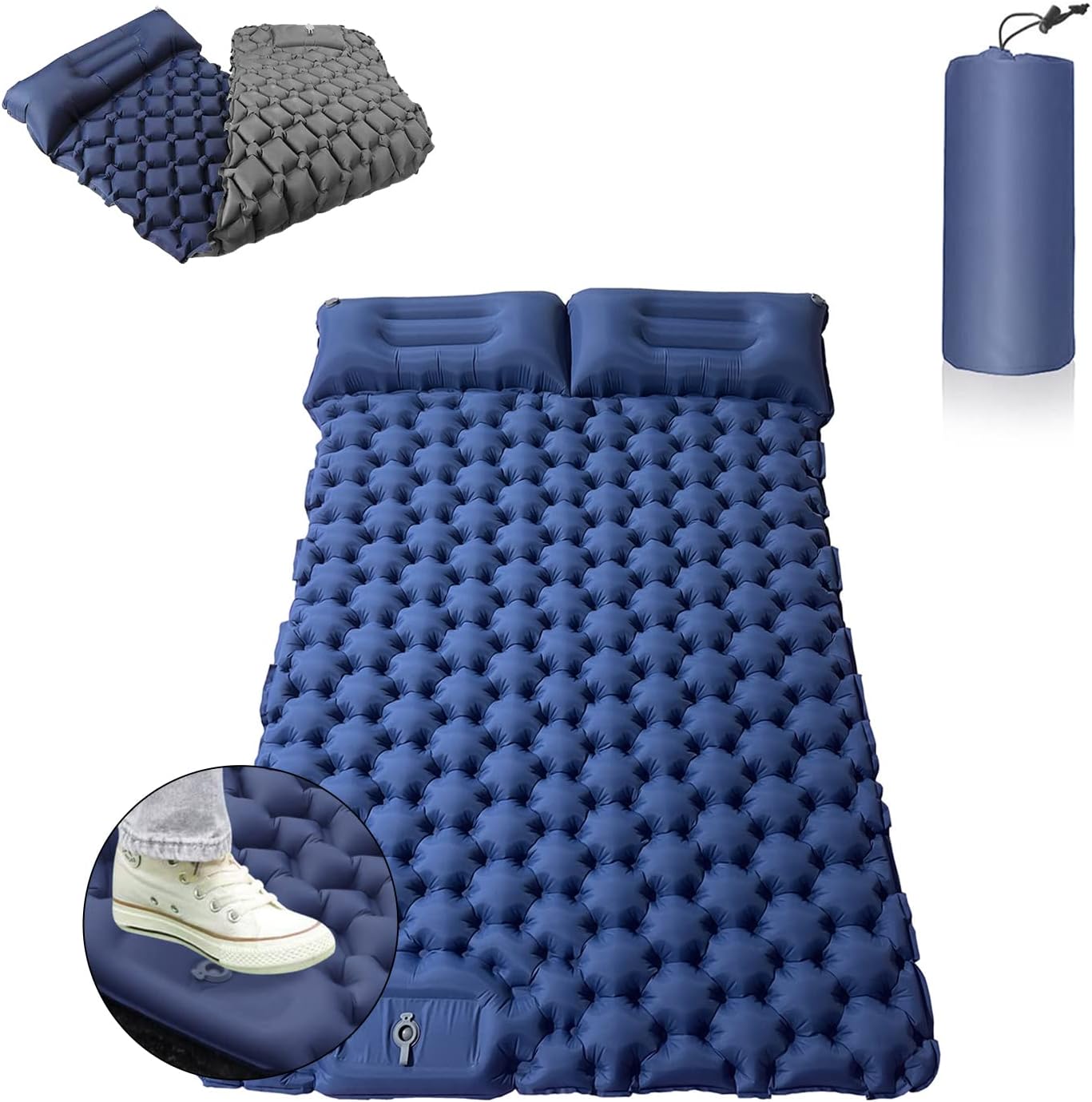 Camping Sleeping Pad, Extra Thick Waterproof 2 Persons Sleeping Mat with Built-in Foot Pump, Ultralight Compact Inflatable Camping Air Mattress Dual Color with Carrying Bag (Blue)