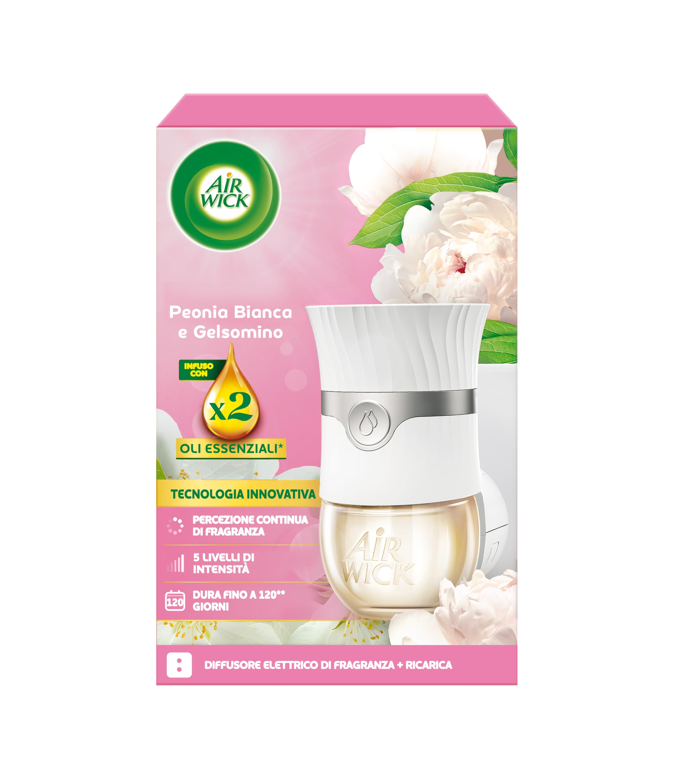 Air Wick Diffusore Elettrico di Oli Essenziali, 12 Diffusore completo gadget con 12 ricariche alla Fragranza Dolce Vaniglia e Burro di Karitè e Peonia Bianca e Gelsomino