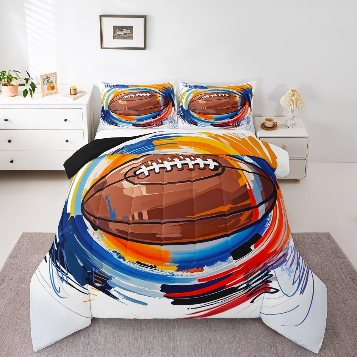 Boys Football Comforter Set Twin Kids Teen Sports Bedding Set Bedroom Decor,Watercolor Tie Dye Hand Drawn Graffiti Football Bedding Comforter Sets