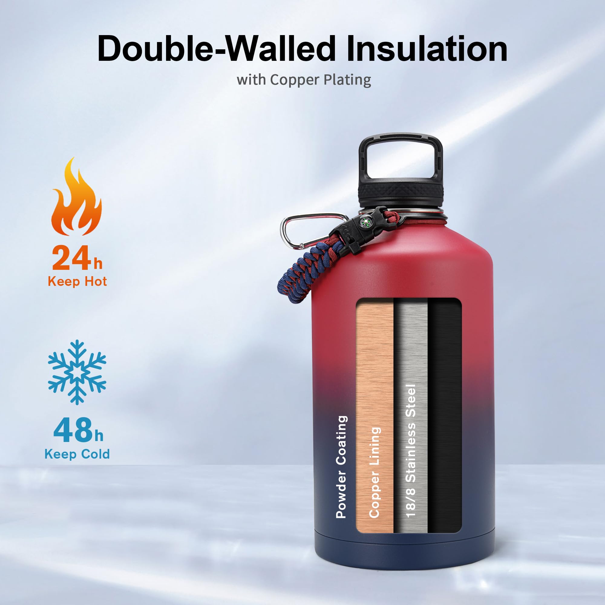 Trebo - Botella de agua de 1 galón aislada con asa de paracord y pajita, jarra grande de acero inoxidable de 128 oz con aislamiento de doble pared al vacío, mantiene el hielo frío durante 48 horas