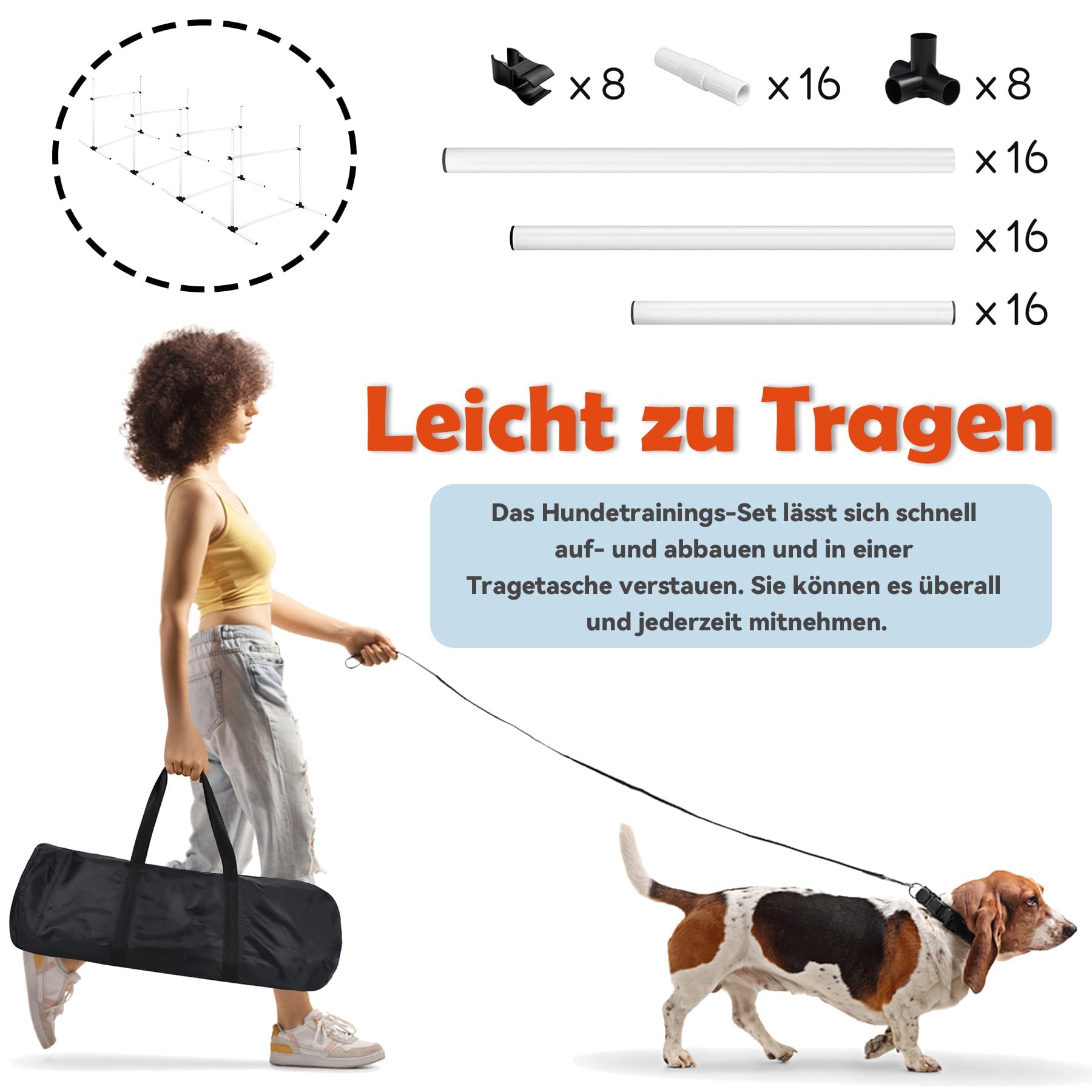 UISEBRT Hunde Agility Set, 4er Slalom Stangen Hürdenset für Haustiere, PVC Hundetrainings-Set mit Tragetasche, Höheinstellbar 104x70x101cm, Weiß