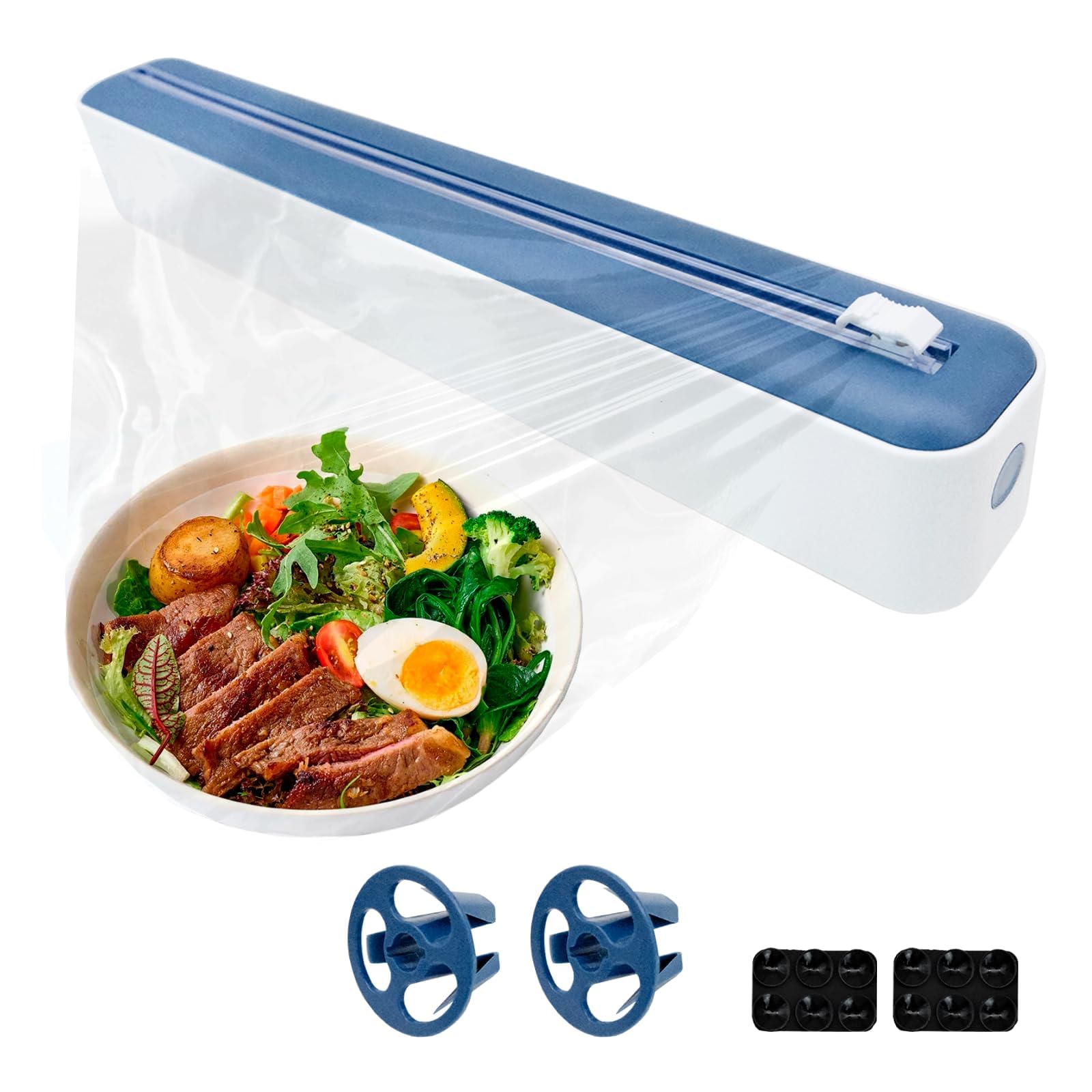 Dispensador de película de conservación con ventosa de plástico, cortador de película con dispensador magnético de película de conservación para cocina, cocina doméstica, restaurante, azul