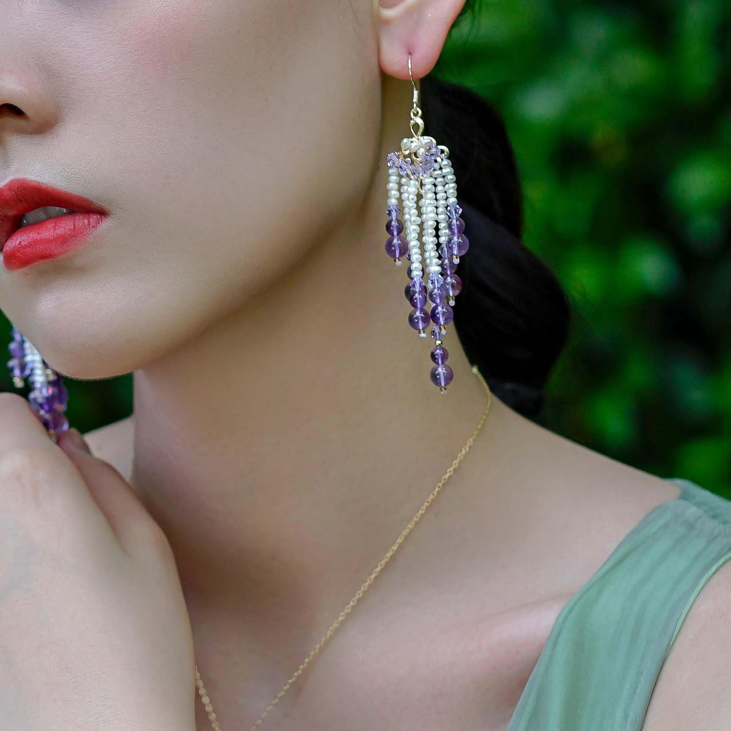 Handmade Amethyst Tassel Earrings with Pearls & Violet Crystals – Boho Chandelier Dangle Jewelry for Women - Image 6