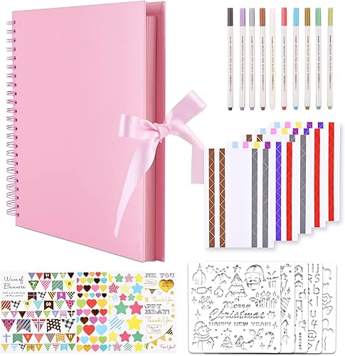 GOTIDEAL Álbum de recortes de 12 x 12 pulgadas con 10 marcadores metálicos, 80 páginas de papel artesanal para bodas y aniversarios, álbum de fotos