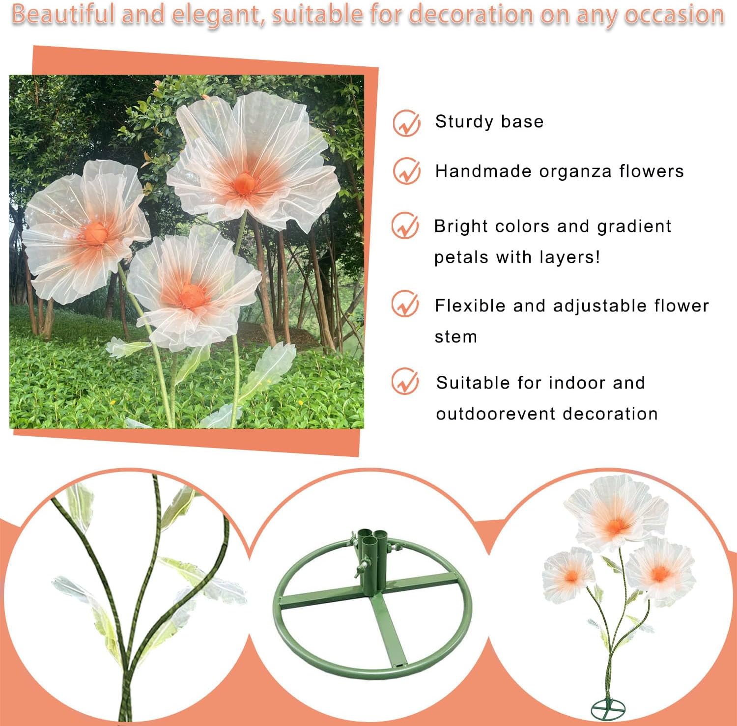 3pcs Giant Flowers for Decoration, Large Faux Silk Floral Wedding Giant Flower with Stand Base for Birthday Ceremony Party Event Mall Window Display Decoration (Champagne) - Image 5