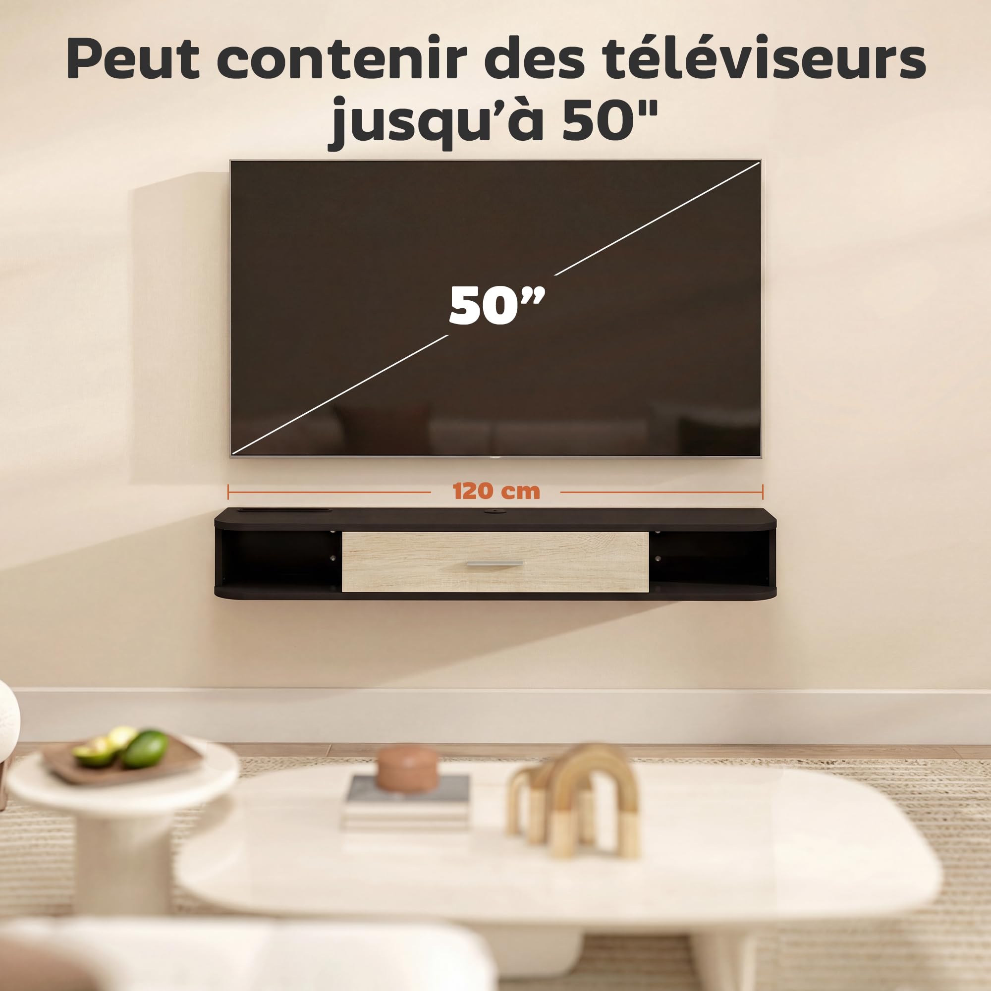 HOMCOM Meuble TV Suspendu 120 cm, Meuble télé pour téléviseur jusqu'à 50 Pouces avec Porte Rabattable, 2 Étagères Ouvertes et Passe-câbles, Banc TV Flottant pour Salon et Chambre, Noir et Chêne