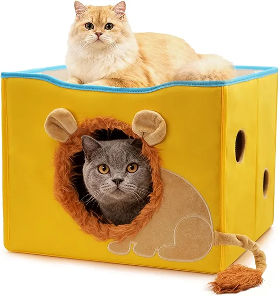 CWV Cat Houses for Indoor Cats, Cute Cat Cave Bed with Scratch Pad, Foldable Cat Cube for Multiple Large Cats, 17X17x13inch, Lion Design