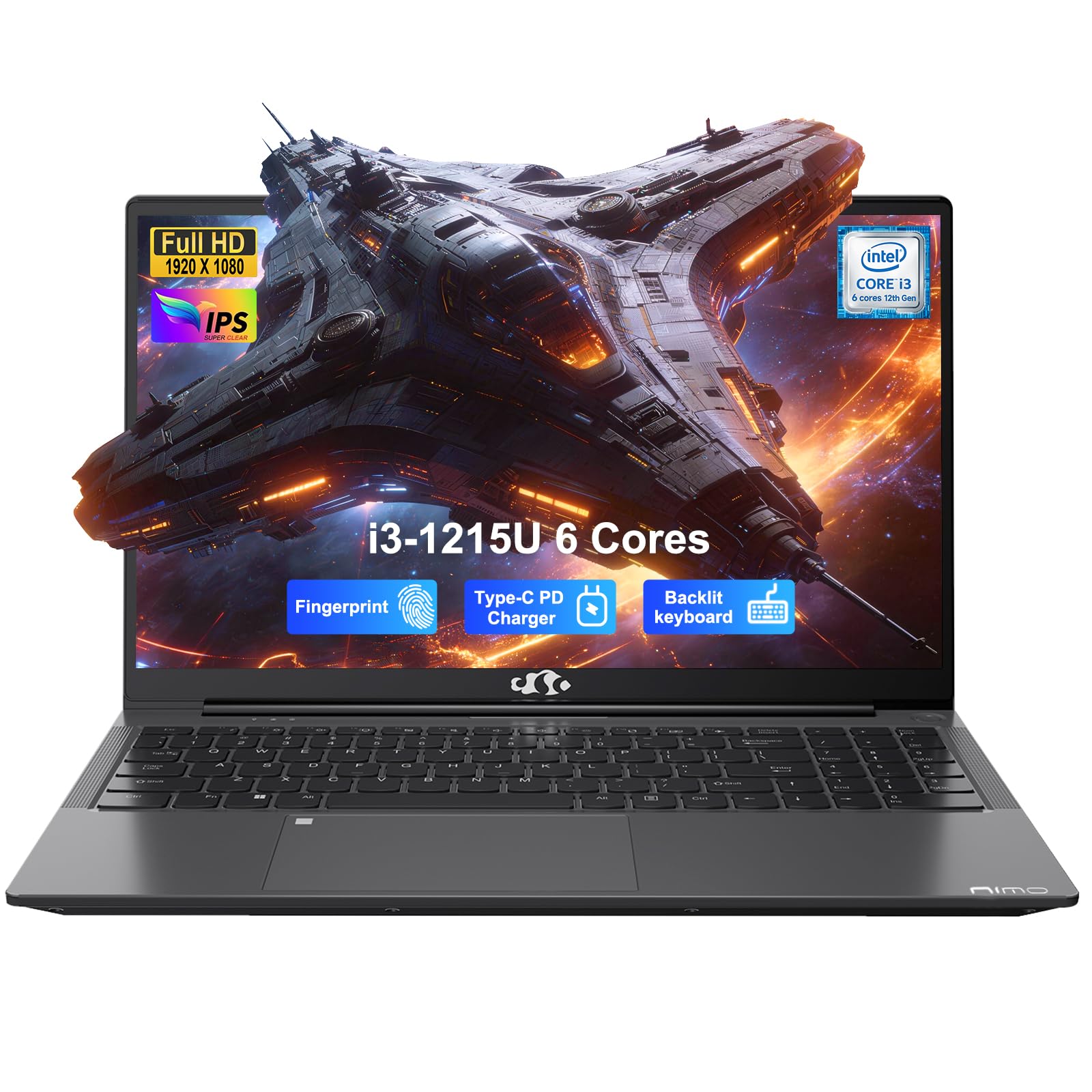 NIMO 15.6" IPS FHD Student Laptop, 12th Gen Intel Core i3-1215U (Up to 4.4GHz, Beat R5 7520U) 16GB RAM 512GB SSD Computer with 180° Viewing, 65W Type C, HDMI, Wi-Fi 6, Portable for Home and Business